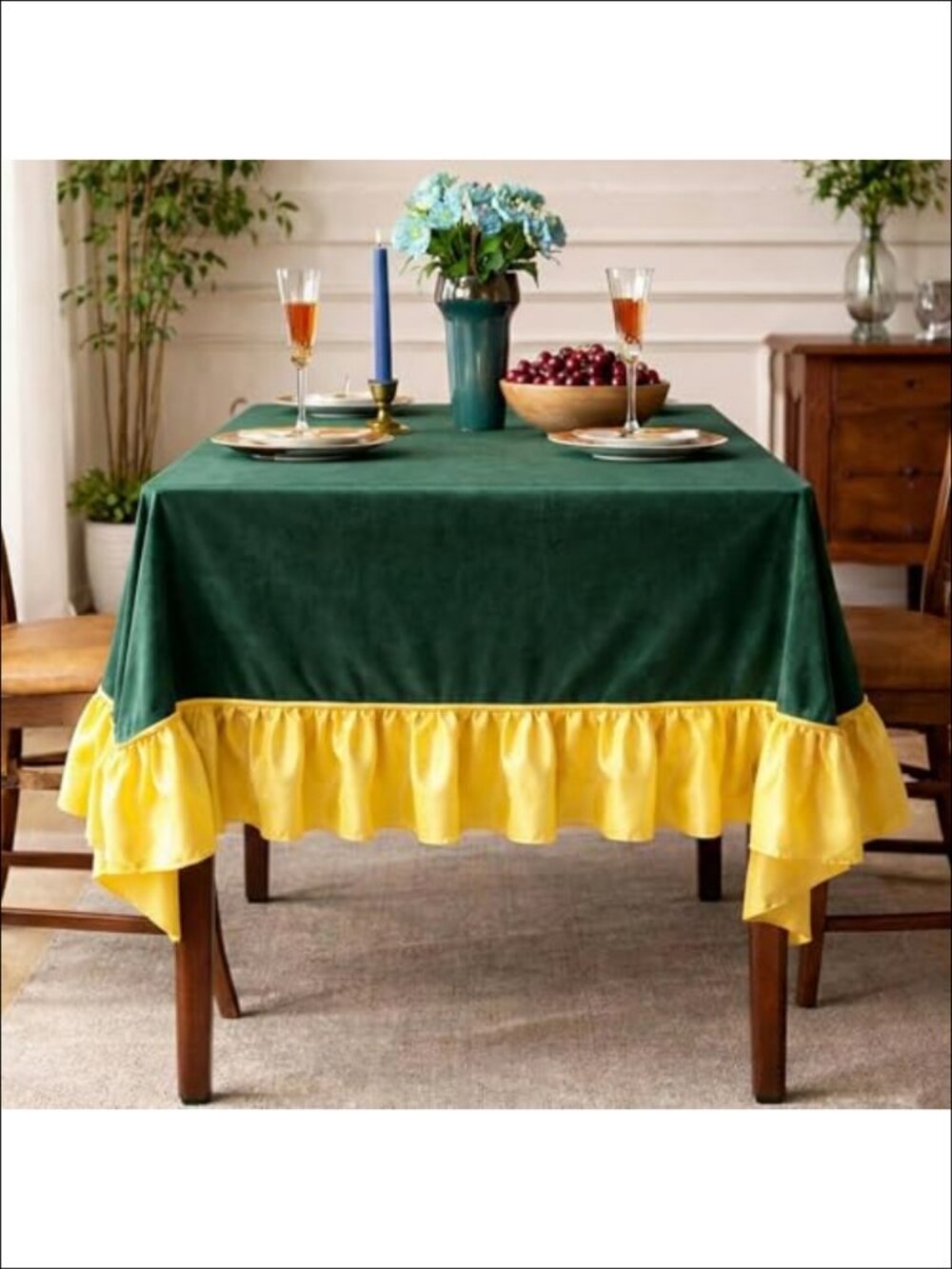 Green Velvet Tablecloth 60x120 Gold Ruffle Farmhouse Dining